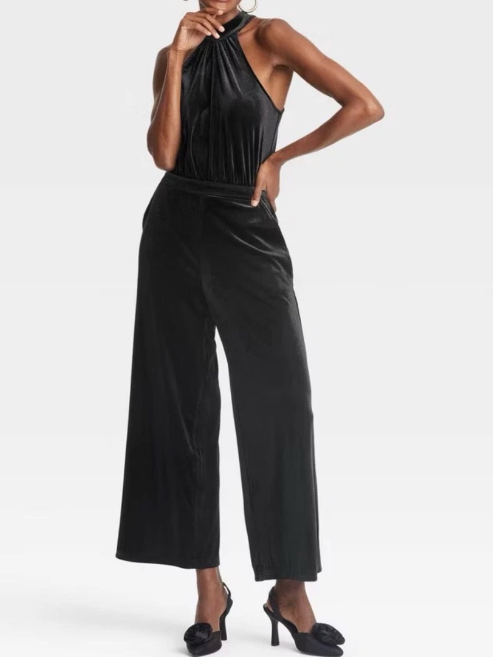 NWT Sz M Velvet Jumpsuit Halter Neckline Side Pocket Black, A New Day, Women's